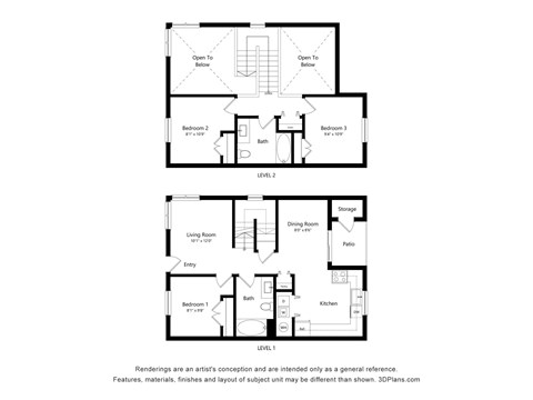 Floor plan for 3 beds, 2 baths, 1145 sqft